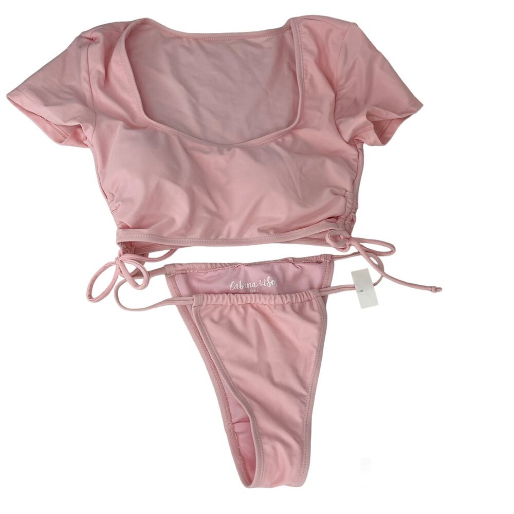 Cabana del Sol Swimsuit Bikini Pink String Short Sleeves Small New